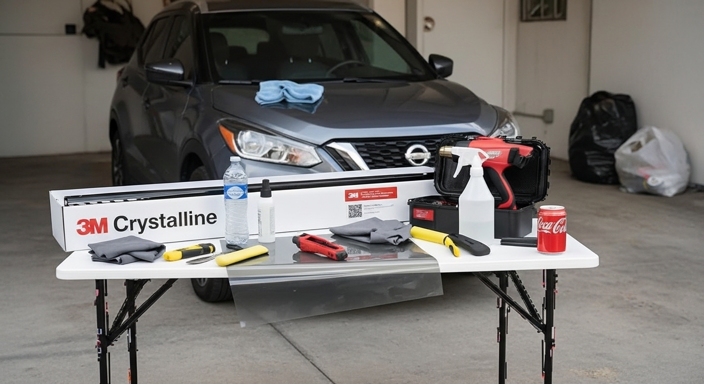 Vidrio de auto roto pero mantenido en su lugar por la película de seguridad antiasalto